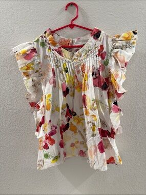 White Floral Ruffle Sleeve Blouse 100% Cotton Size M